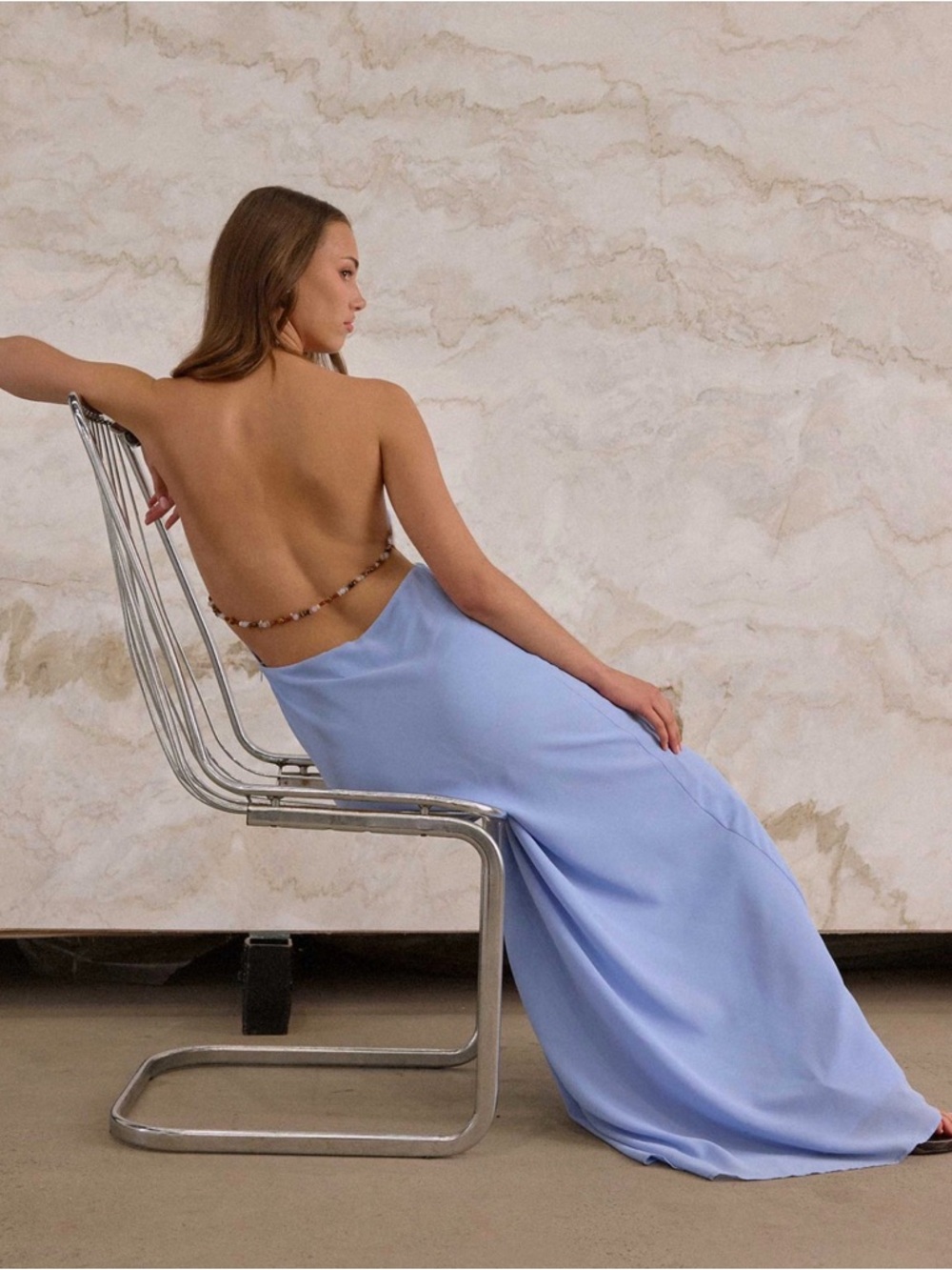 Periwinkle, beaded halter maxi dress